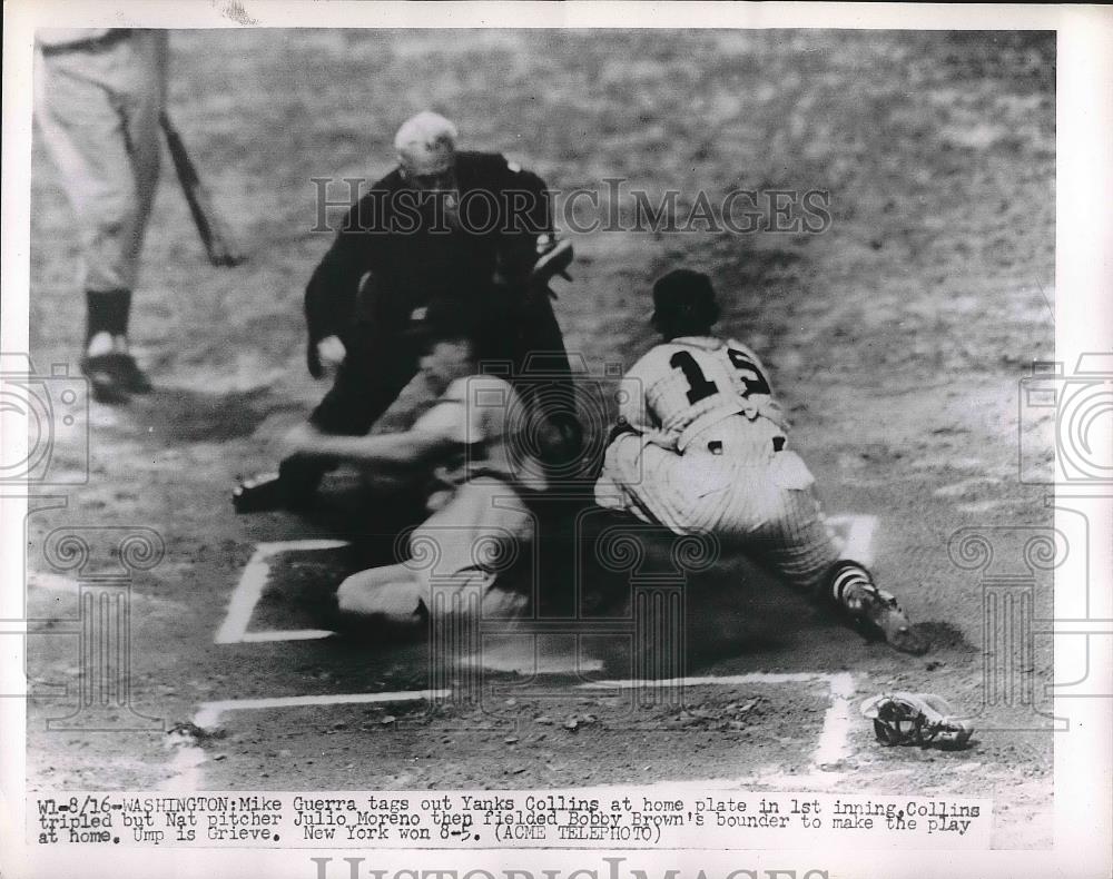 1951 Press Photo Yankee Collins Tagged Out at Home by Mike Guerra - nea42709 - Historic Images