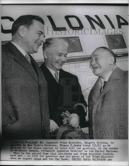 1954 Press Photo Japanese Prime Minister, Shigeru Yoshida, TE Dewey, R Sawada - Historic Images
