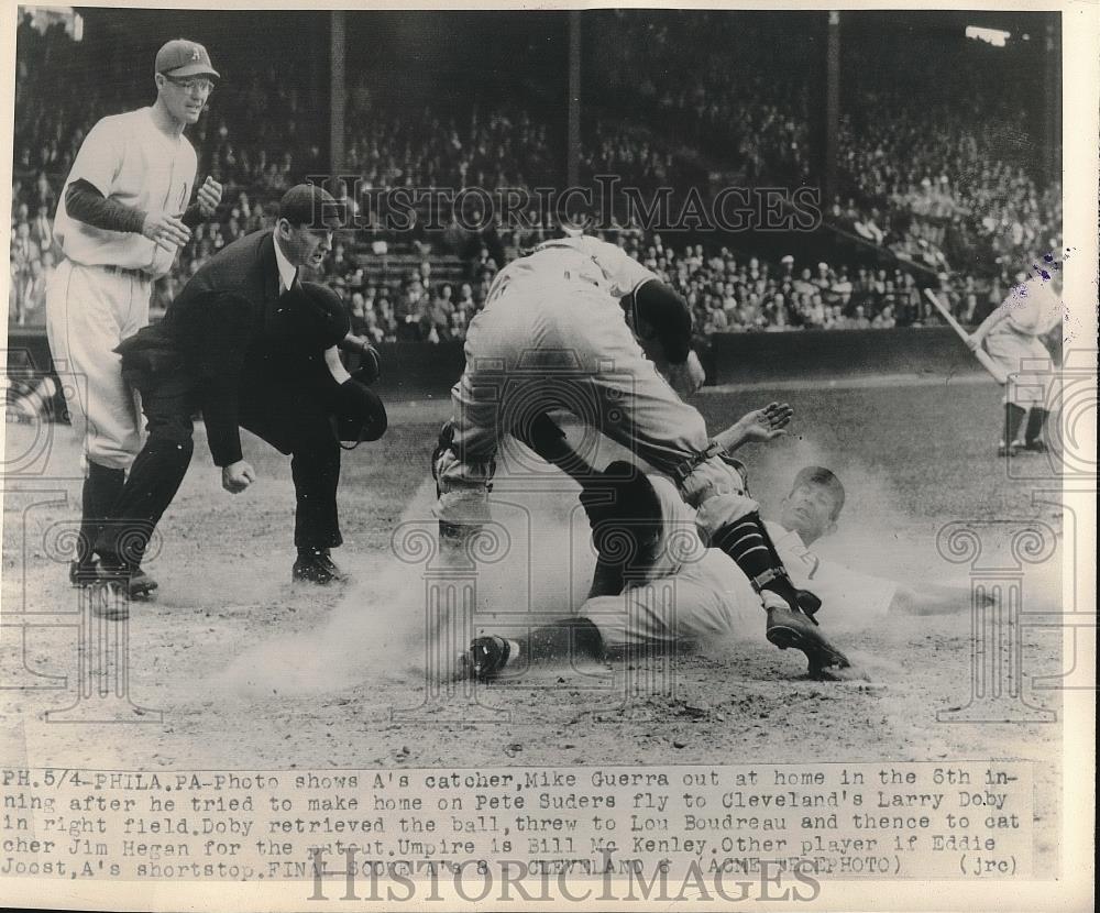 1948 Press Photo A's Catcher Mike Guerra Out at Home by Phillies Jim Hegan - Historic Images