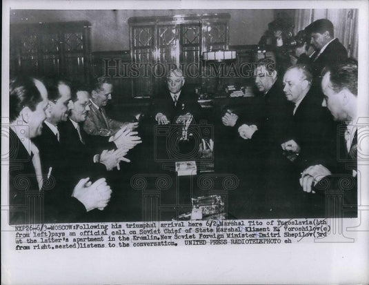 1956 Press Photo Marshall Tito Following Arrival Pays Call On Soviet Chief - Historic Images