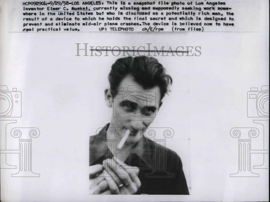 1958 Press Photo Los Angeles inventor, Elmer C. Muekel currently missing - Historic Images