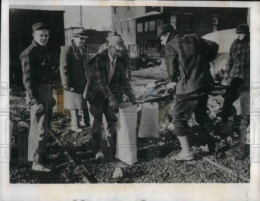 1945 Press Photo Albany Residents,scrape coal in Paper Bags. - nea35967 - Historic Images
