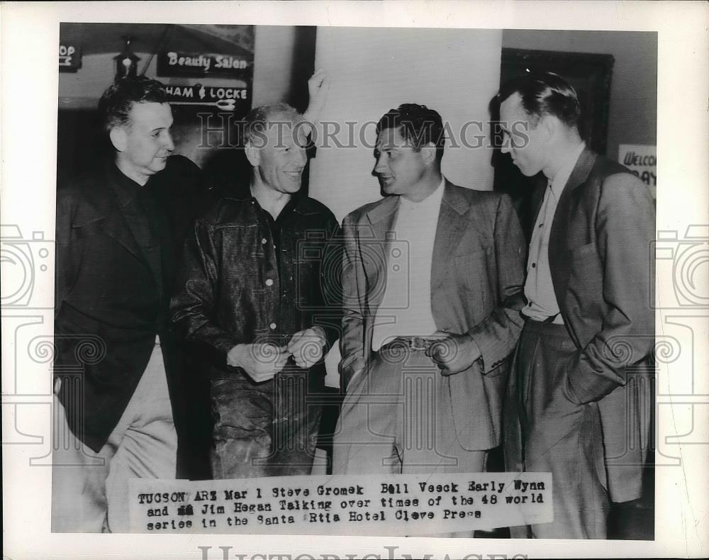 1950 Press Photo World Series Players Bill Veeck, Early Wynn, Jim Hegan - Historic Images