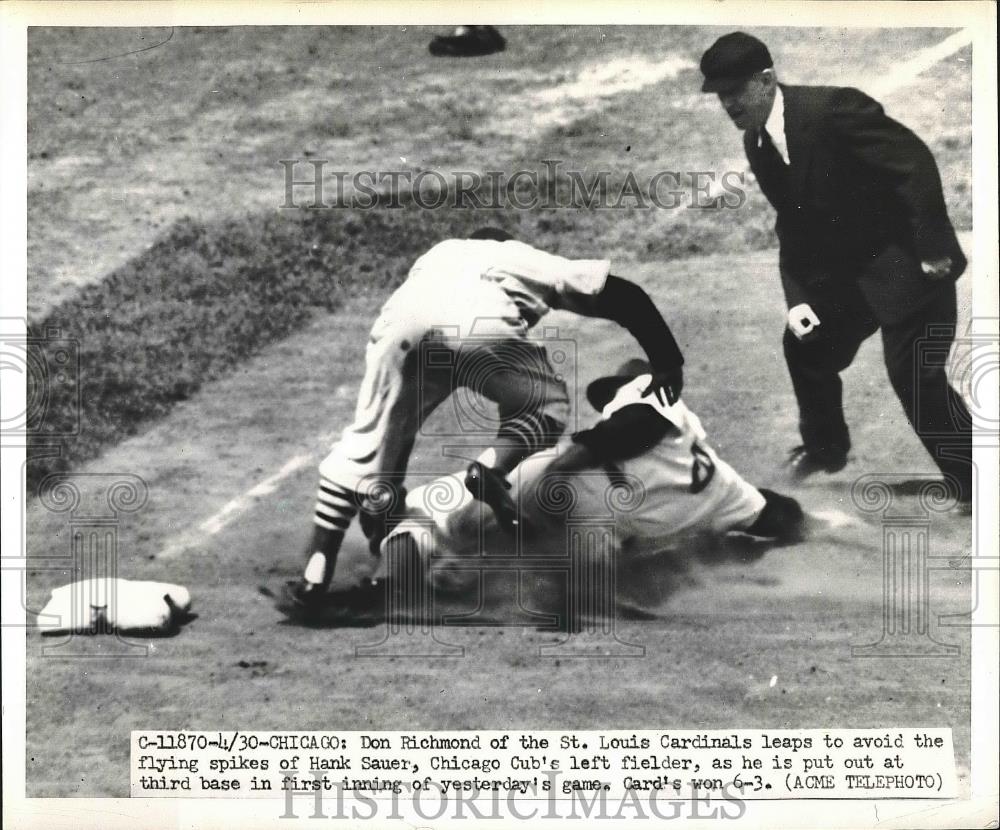 1951 Press Photo Hank Sauer Cubs Out At 3rd By Don Richmond Cardinals MLB Game - Historic Images