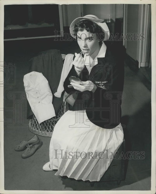 1956 Press Photo June Paul Olympic Sprinter Tries On Olympic Games Uniform - Historic Images