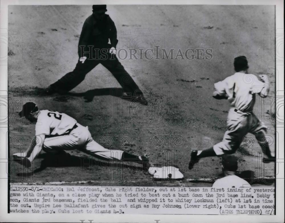 1951 Press Photo Cubs Hal Jeffcoat vs Giants Bobby tenson - nea47785 - Historic Images