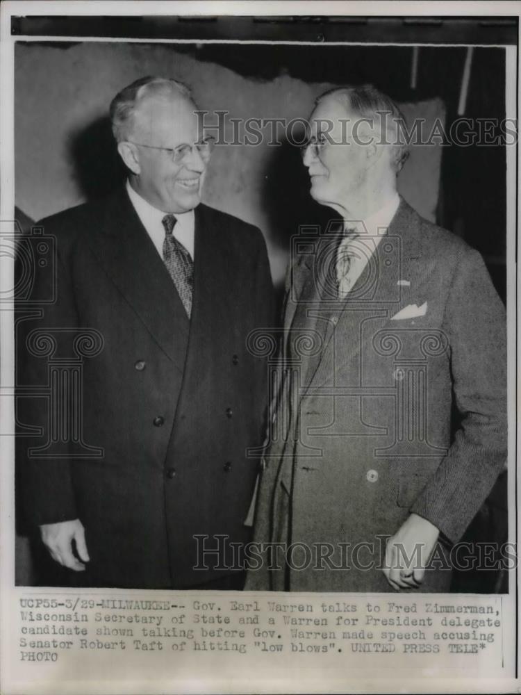 1952 Press Photo Gov. Earl Warren and Fred Zimmerman - Historic Images