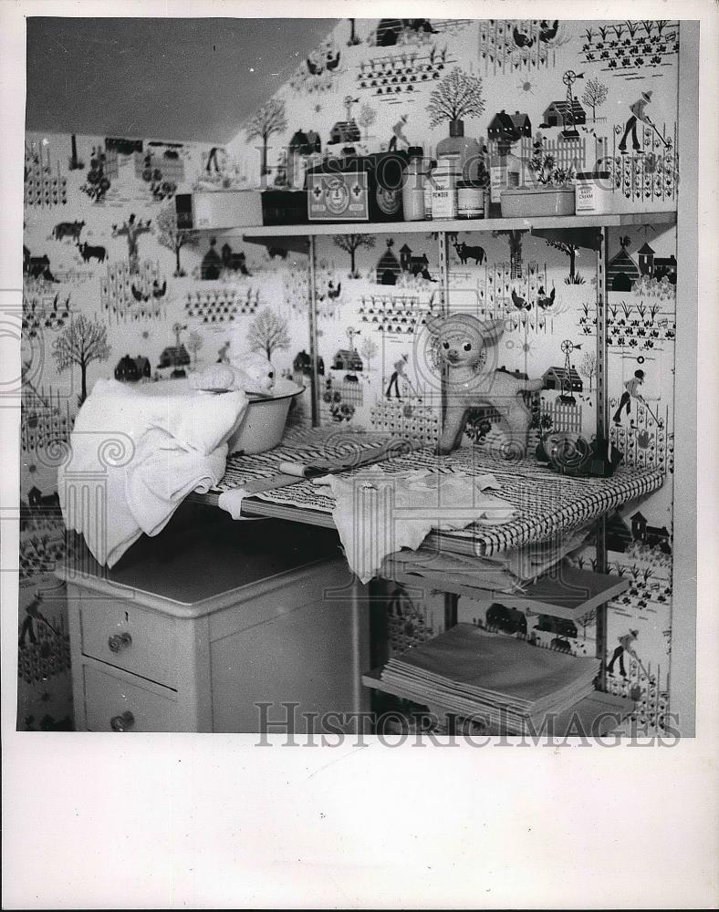 1954 Press Photo Wall Hung Unit of Shelving for Nursery - Historic Images