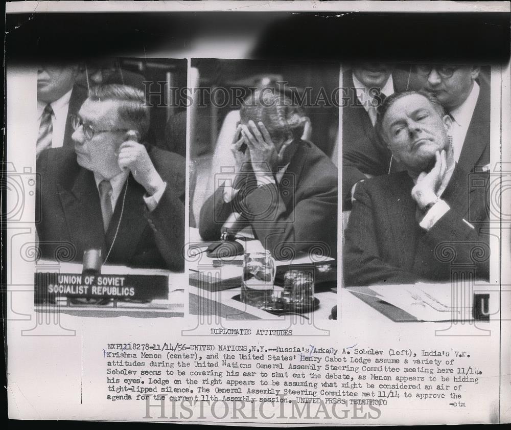 1956 Press Photo Russia's Arkady Sobolev, V. Krishna Menon, Henry Cabot Lodge - Historic Images