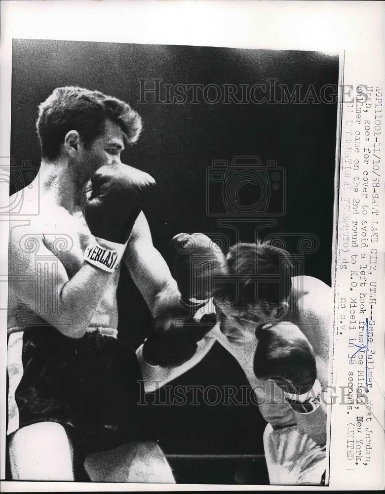 1958 Press Photo Boxers Gene Fullmer and Joe Micoli - Historic Images