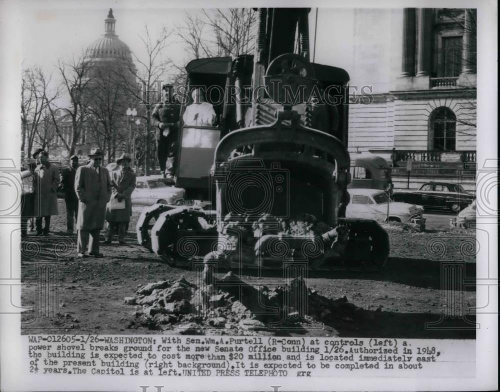 1955 Press Photo Sen. William A. Purtell Breaks Ground in Power Shovel - Historic Images