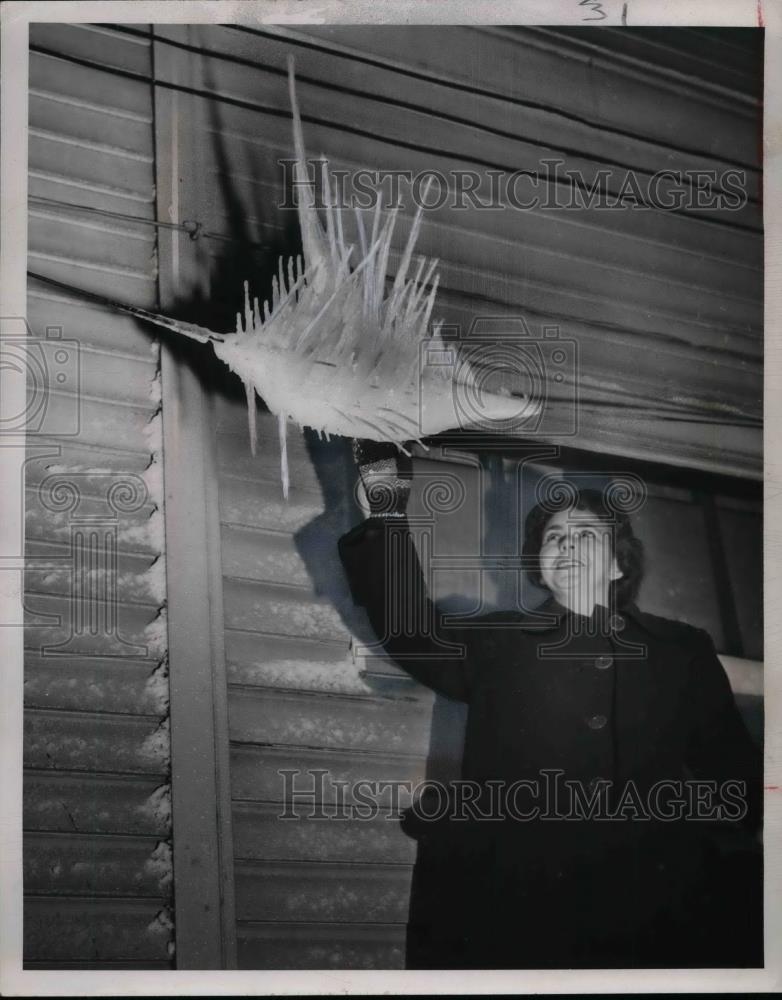 1951 Press Photo Lady Pulling On Huge Icicle On Side Of Building - Historic Images