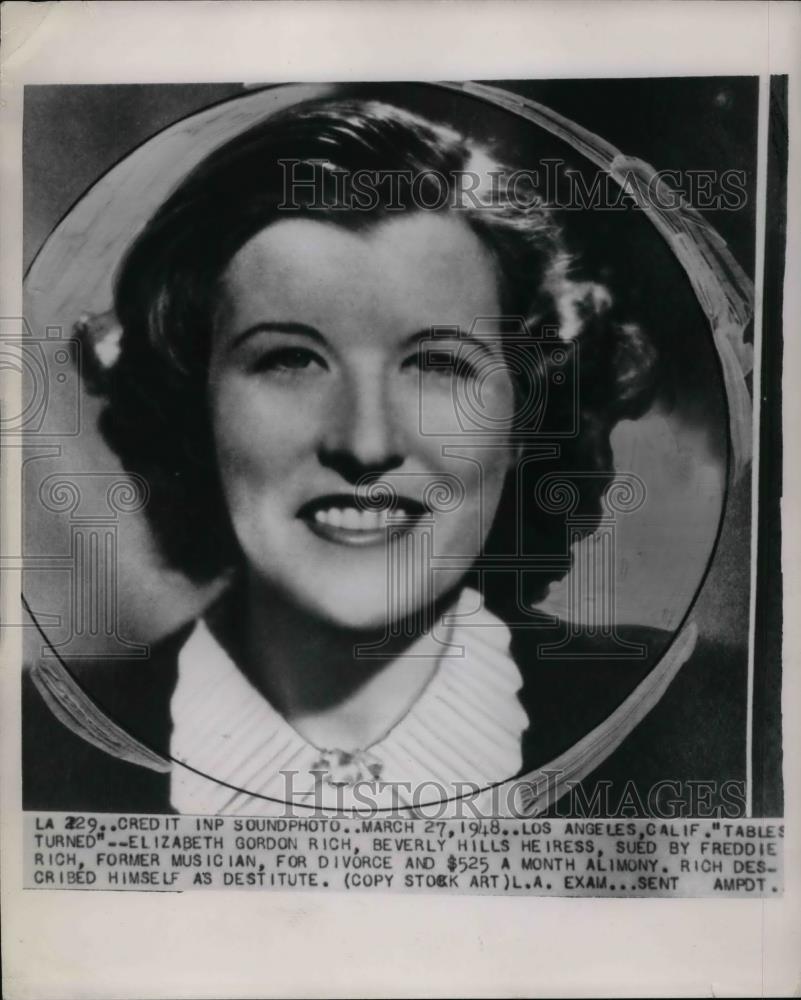 1948 Press Photo Elizabeth Gordon Rich Sued by Freddie Rich - Historic Images