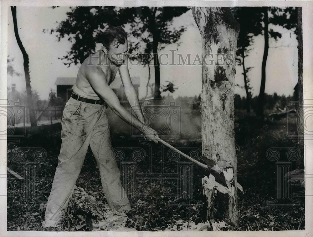 1938 Press Photo C.C. Shotts chopping down a tree - Historic Images