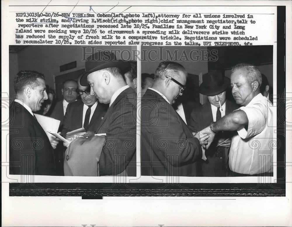 1961 Press Photo Sam Cohen and Irving Wisch in negotiations during strike - Historic Images