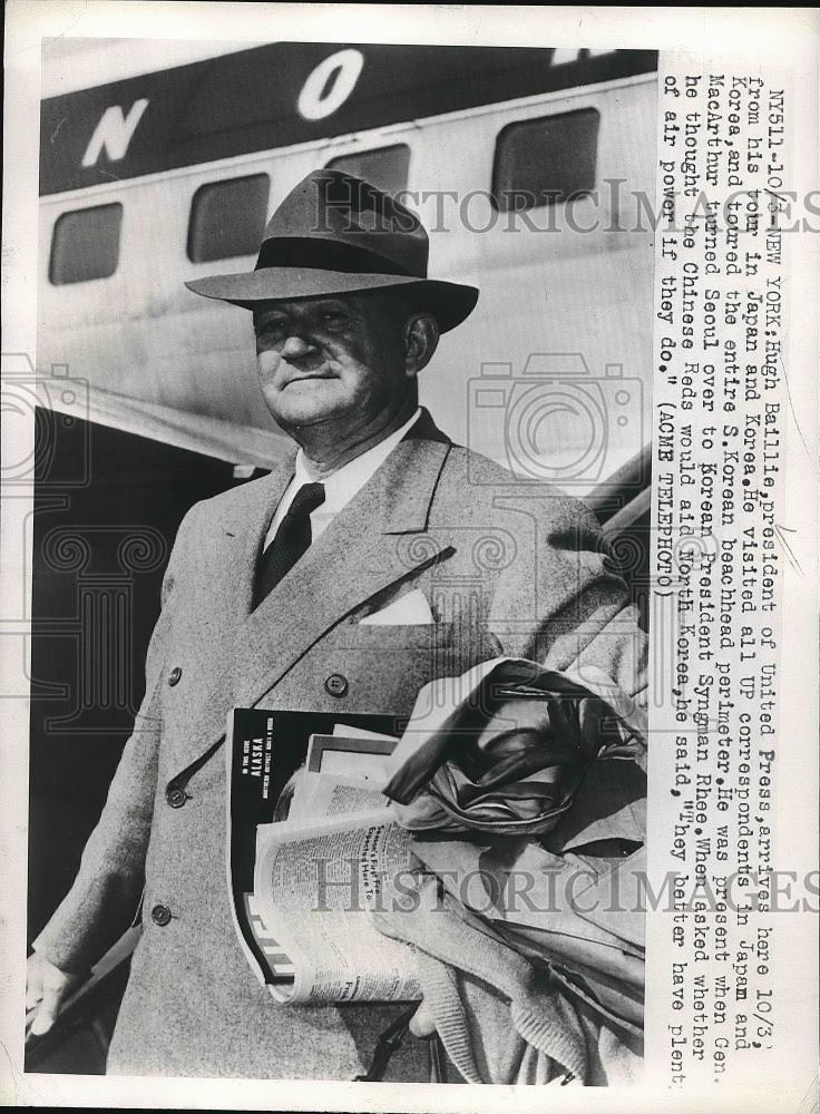1950 Press Photo Hugh Baillie president of United press arriving in New York - Historic Images