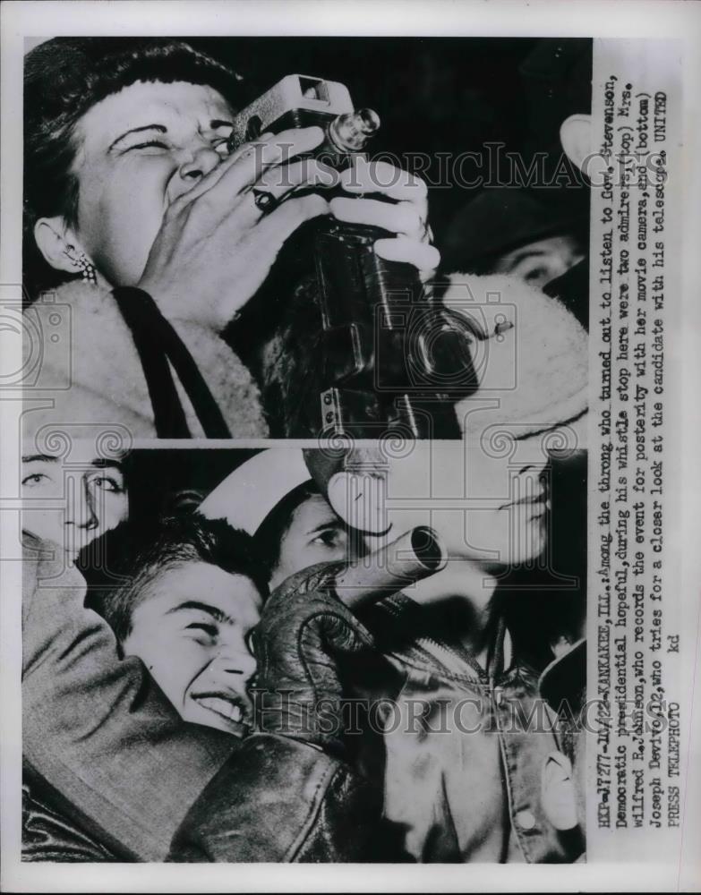 1952 Press Photo Mrs. Wilfred R. Johnson, Joseph Devio, Listen to Gov. Stevenson - Historic Images