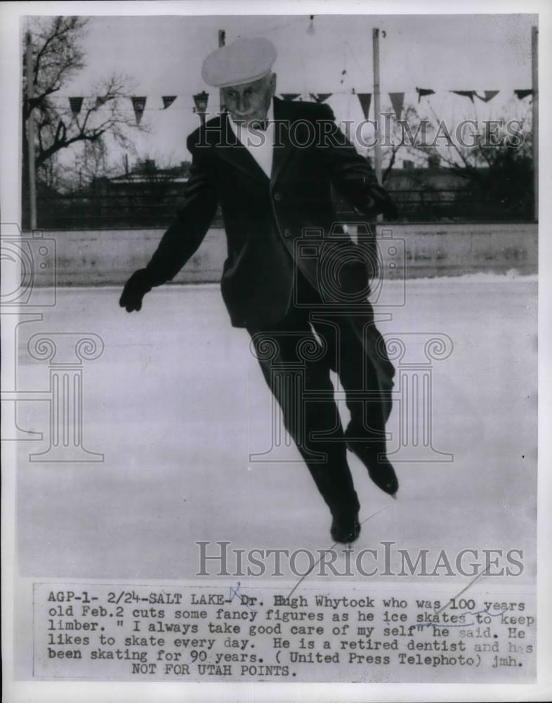 1955 Press Photo Dr Hugh Whytock 100 Years Old Ice Skating - nea59437 - Historic Images