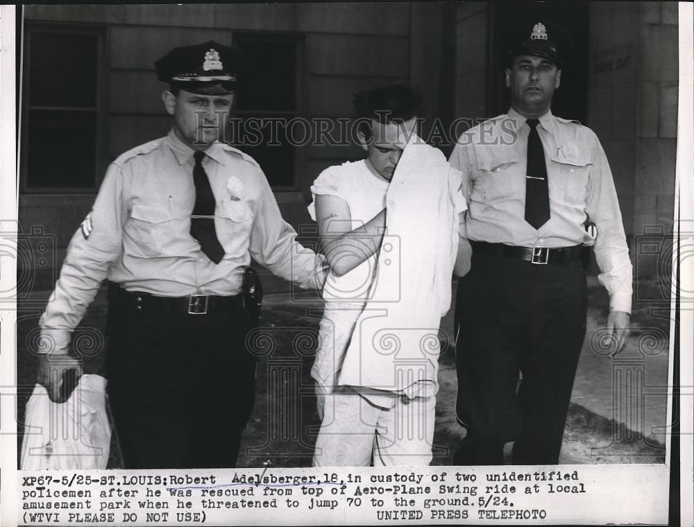 1954 Press Photo Robert Adelsberger In Police Custody After Threatening To Jump - Historic Images
