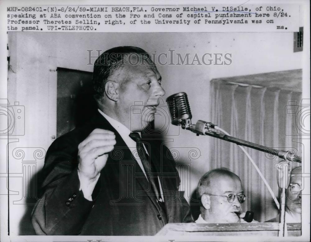 1959 Press Photo Governor Michael V. DiSalle, Ohio, Professor Theretes Sellin - Historic Images