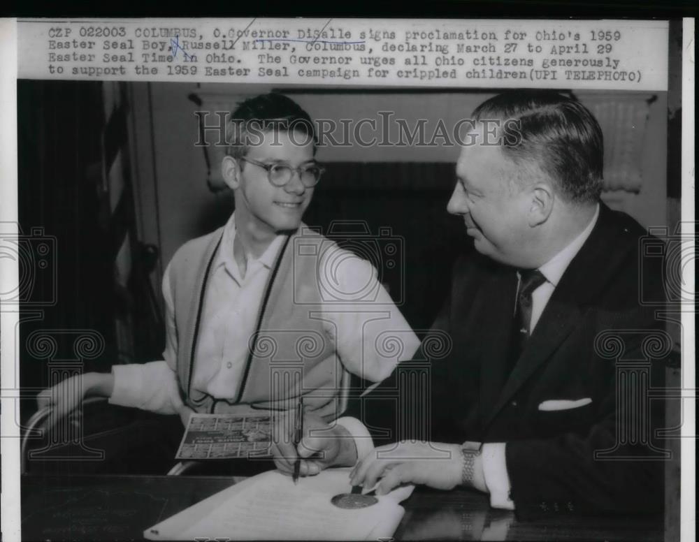1959 Press Photo Governor Michael DiSalle, Russell Miller, Easter Seal Boy - Historic Images