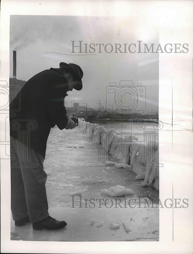 1957 Press Photo Gus Rosario Ice Covered Pier - nea68530 - Historic Images