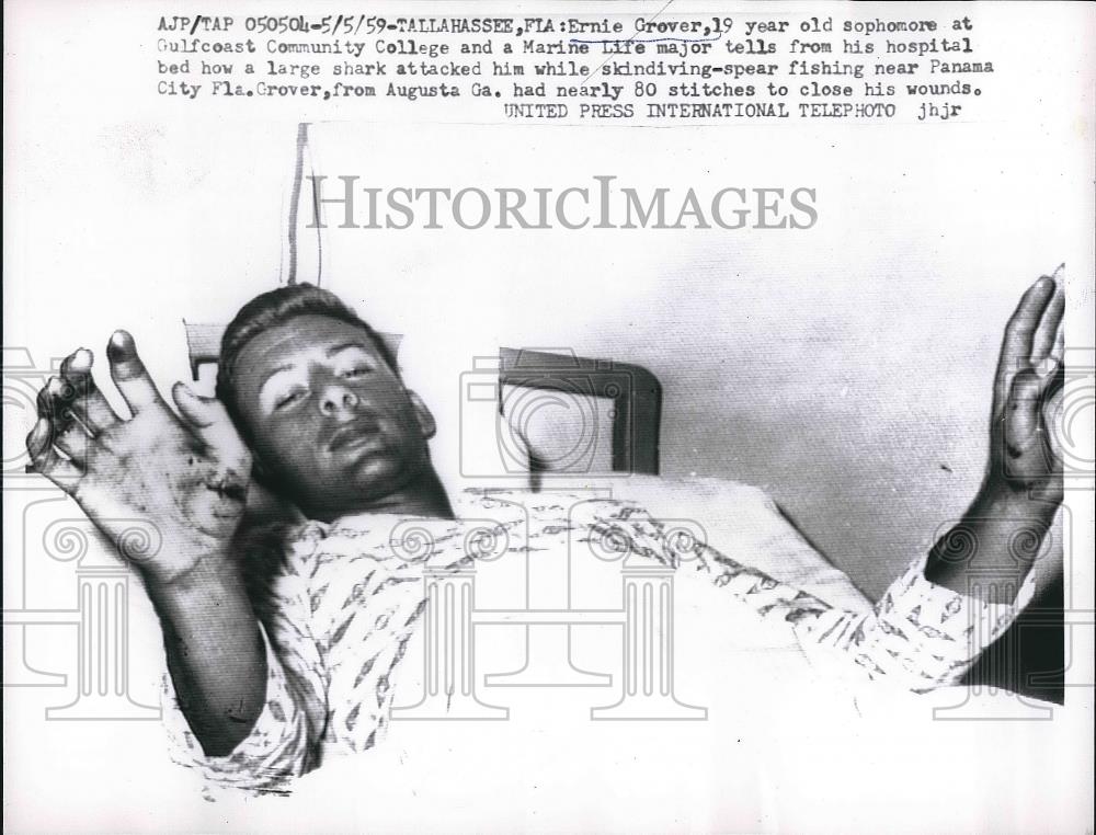 1959 Press Photo Marine Life Major Ernie Grover Talks About Shark Attack - Historic Images