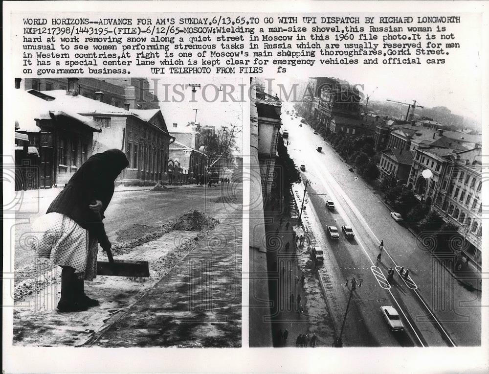 1965 Press Photo Moscow woman sweeping snow &amp; scene of Gorki St. thoroughfare - Historic Images
