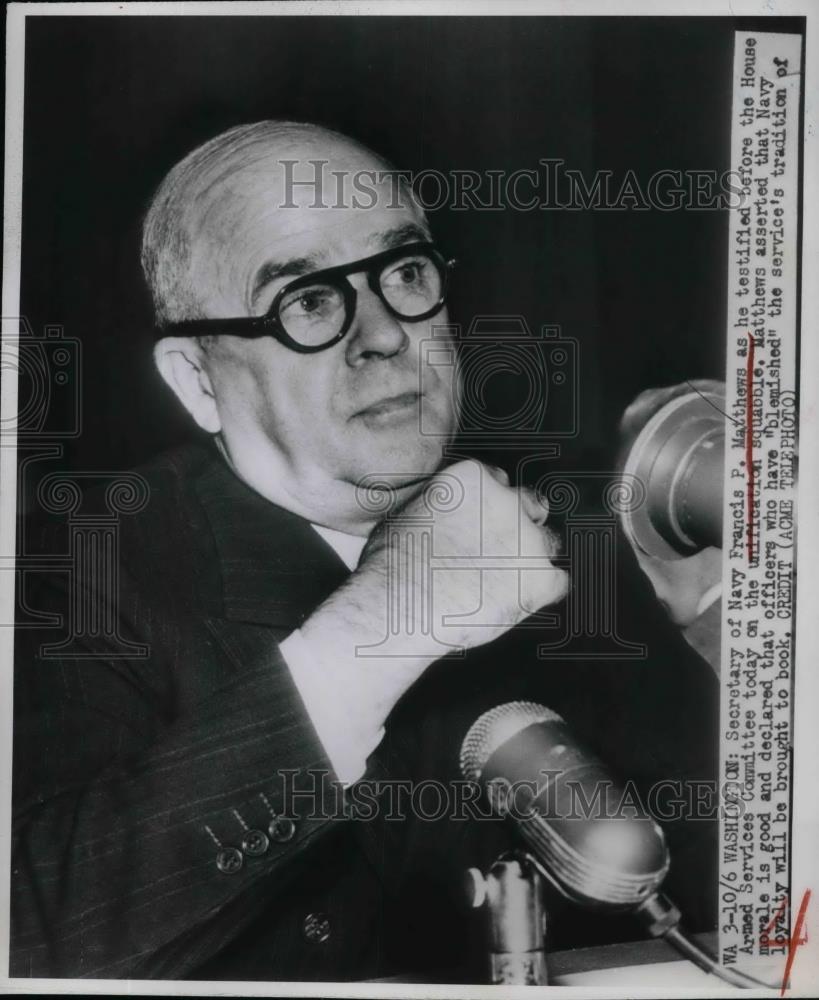 1949 Press Photo Sec. of the Navy Francis Matthews at Armed Services Committee - Historic Images