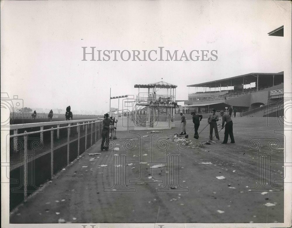 1936 Press Photo Crew at Santa Anita Race Track Cleaning Up - Historic Images