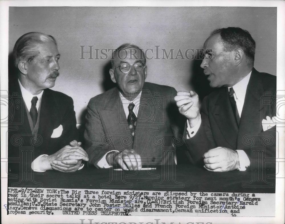 Press Photo Foreign Ministers Macmillan, Dulles, &amp; Pinay Talk Geneva Convention - Historic Images