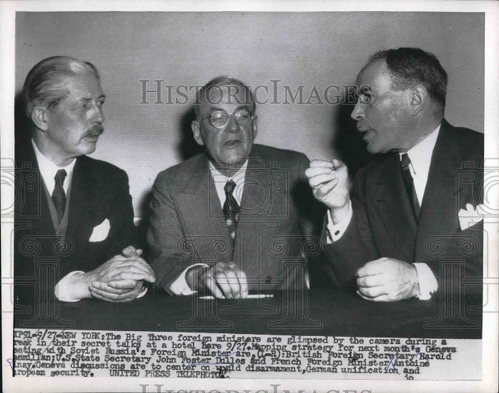 Press Photo Foreign Ministers Macmillan, Dulles, & Pinay Talk Geneva Convention - Historic Images