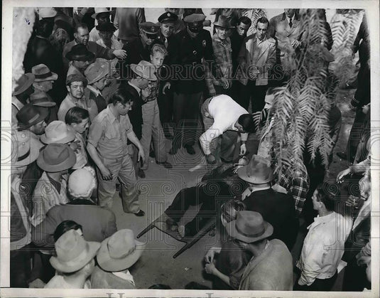 1946 Press Photo groom E. F. Clark trampled by filly "Distaff", Arcadia, CA - Historic Images