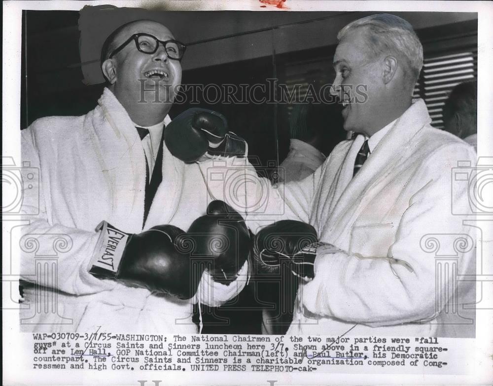 1955 Press Photo Rep, chairman Len Hall &amp; Democrat Paul Butler - nea91210 - Historic Images