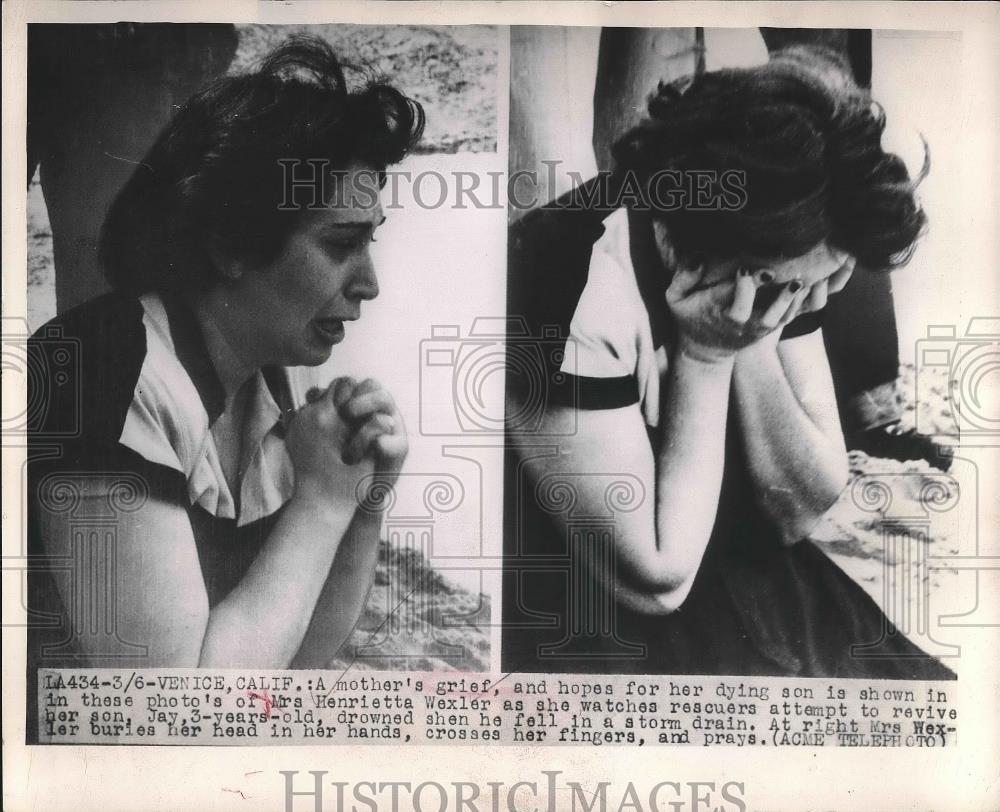 1949 Press Photo Henrietta Wexler agonizes as rescuers try to revive drowned son - Historic Images