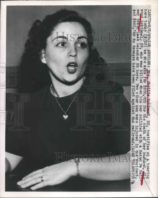 1949 Press Photo Mrs. Phyllis Schimmel, Lawsuit, Elwood Schimmel Train Accident - Historic Images