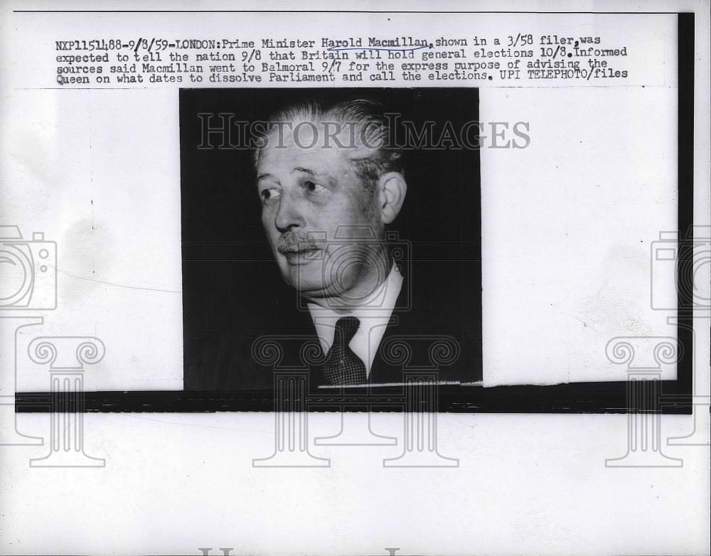 1959 Press Photo Prime Minister Harold Macmillan Press Conference Elections - Historic Images