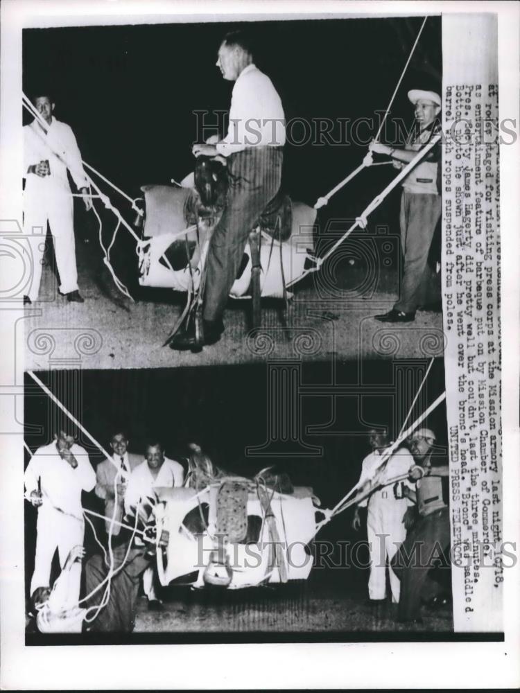 1953 Press Photo James Hagerty Tries the &quot;Bronc&quot; at Barbeque - nea93112 - Historic Images