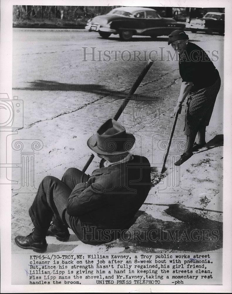 1954 Press Photo Troy, NY William Kavney &amp; Miss Lipp street cleaners - nea77113 - Historic Images