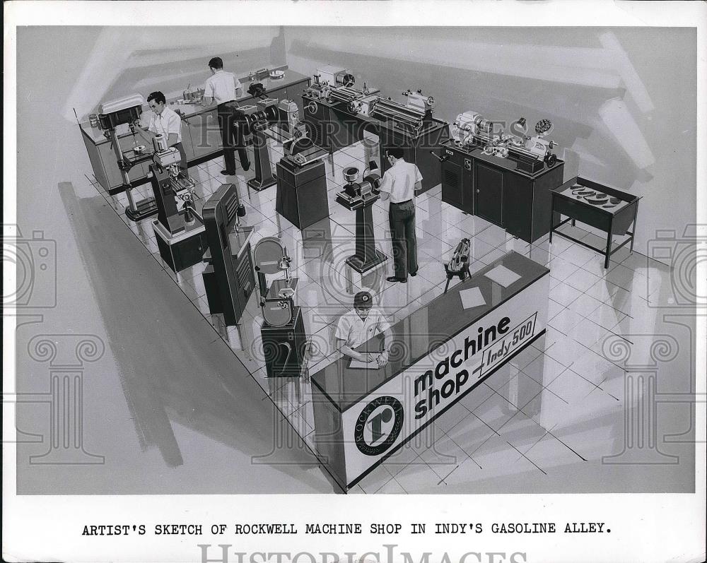 1969 Press Photo Art sketch of Rockwell machine shop in Indy;s Gasoline Alley - Historic Images