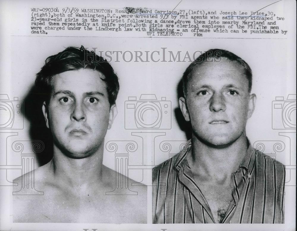 1959 Press Photo Ronald Edward Carrison Joseph Lee Price arrested - nea94787 - Historic Images