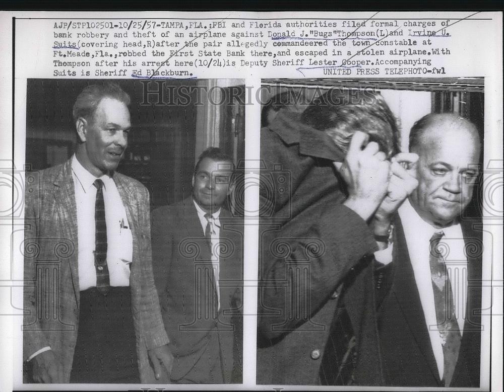 1957 Press Photo Tamp FL Donald Thompson&amp; Irvine Suits in custody for hijacking - Historic Images