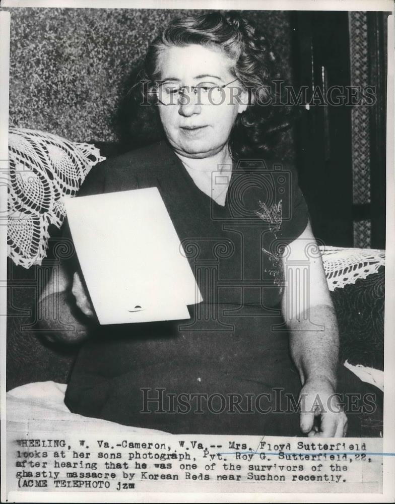 1950 Press Photo Mrs. Floyd Sutterfield, Mother of Private Roy G. Sutterfield - Historic Images