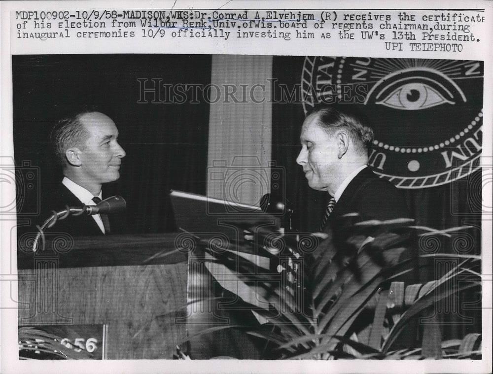 1958 Press Photo Madison, Wis. Dr Conrad Elvehjem & Wm Renk of U of Wis. - Historic Images