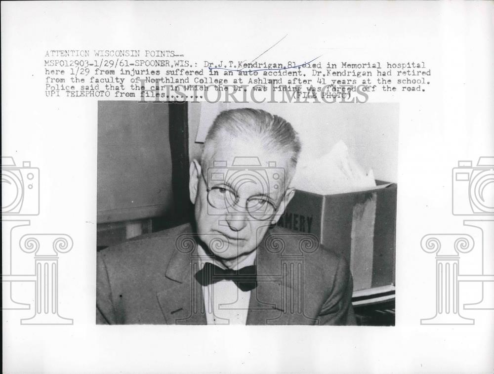 1961 Press Photo Dr. J. T. Kendrigan, 81, Northland College - Historic Images