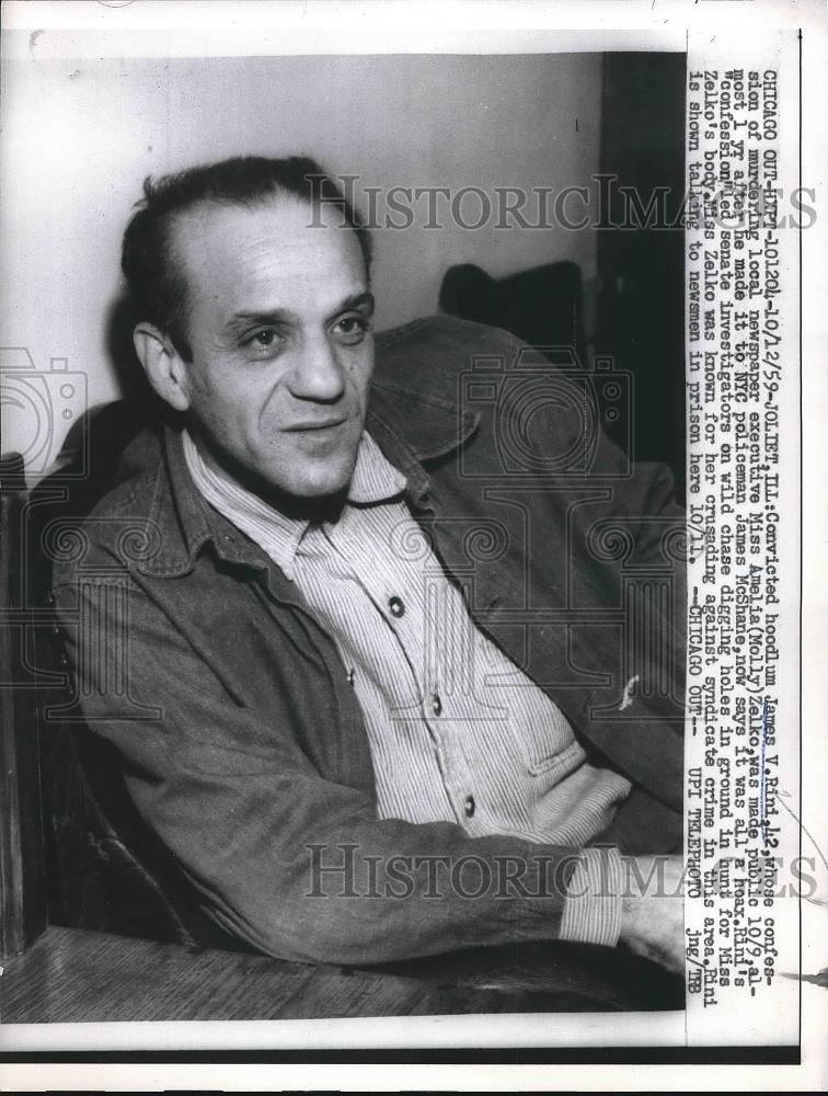 1959 Press Photo Confessed Murderer James Rini Claiming Hoax in Chicago - Historic Images
