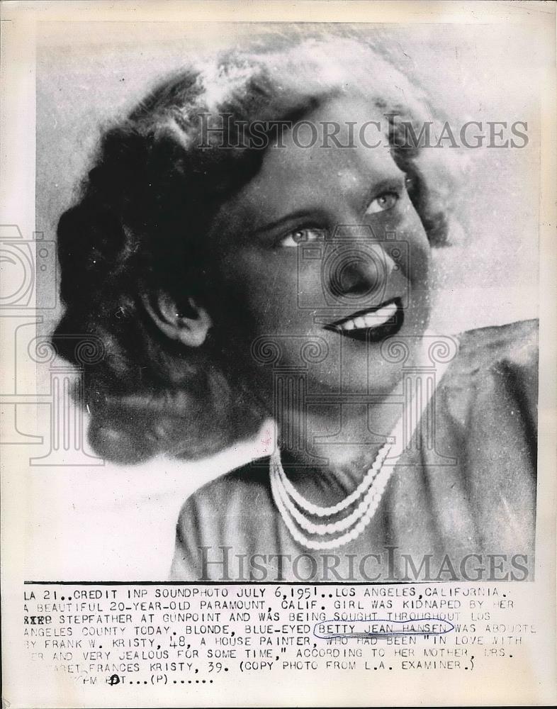 1951 Press Photo Betty Jean Hansen Kidnapped By Step Father At Gunpoint - Historic Images