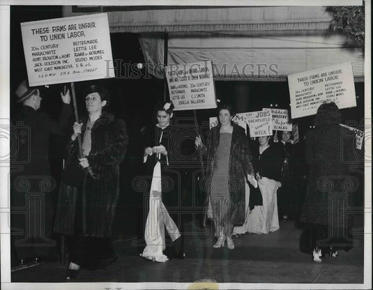 1940 Press Photo Evening Gowned Picketers in California Garment Workers Union - Historic Images
