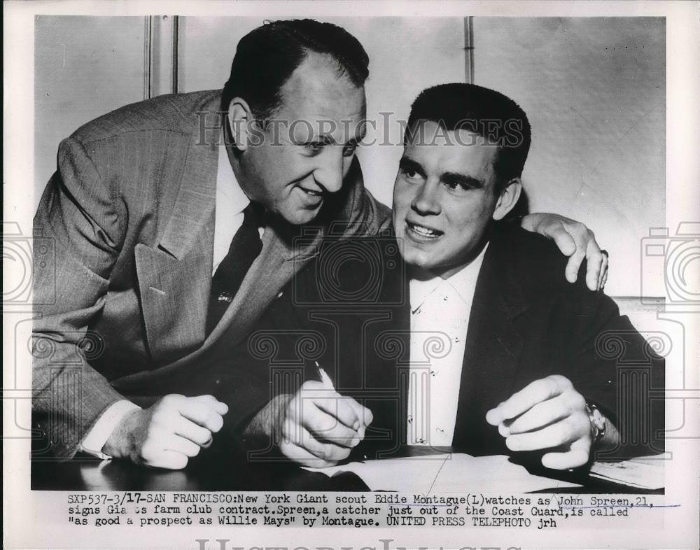 1954 Press Photo New York Giant Scout Eddie Montague, John Spreen, 21 - Historic Images