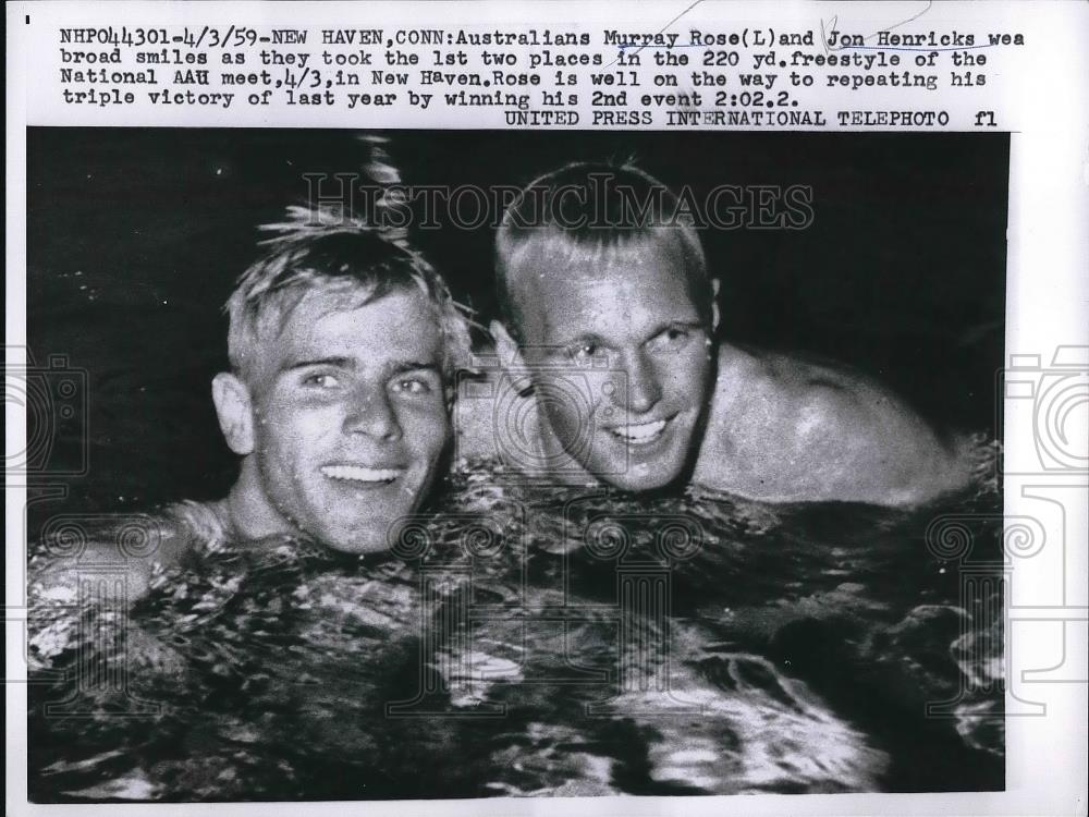 1959 Press Photo Murray Rose, Jon Henricks After 220 Yd Freestyle in AAU Meet - Historic Images